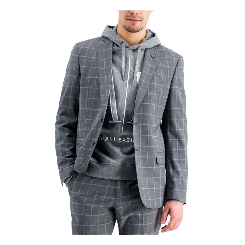 ARMANI EXCHANGE Mens Gray Single Breasted Windowpane Plaid Stretch Blazer 44L